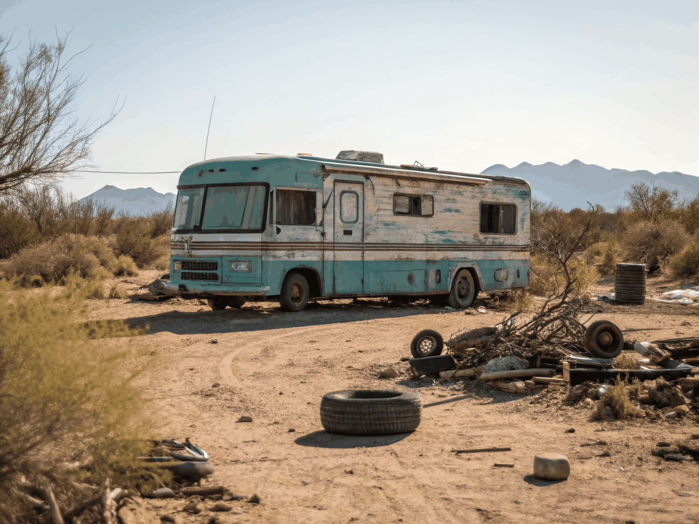 Weather-damaged fifth-wheel RV with collapsed roof line