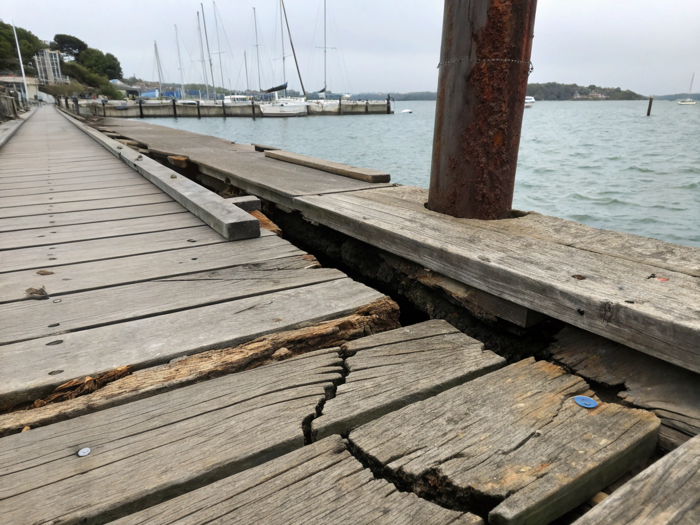 Marina corner packed with 4 unrepairable hulls and cracked wooden trailers