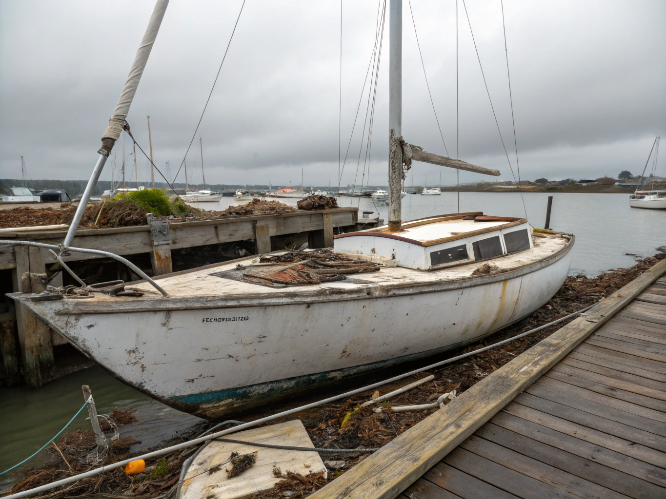 Overgrown lot cluttered with rotted wooden skiff, sailboat hull, and collapsed storage shed