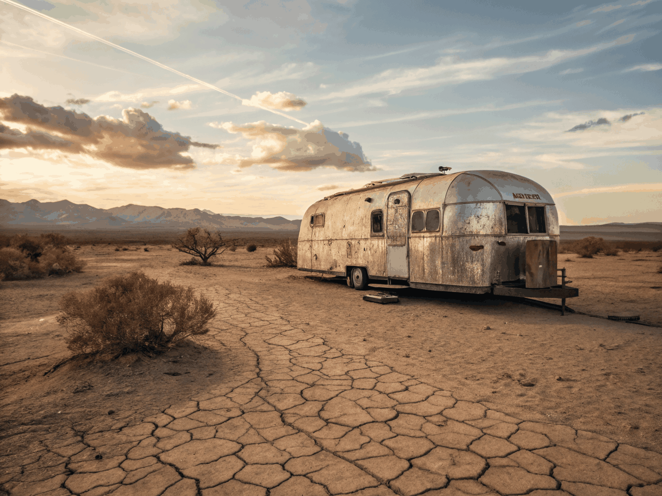 Rusted travel trailer parked in weeds behind commercial shop