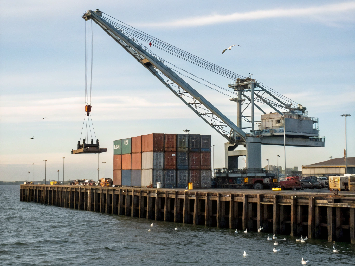 Industrial flatbed crane hauling a derelict boat for salvage recycling